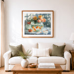 Finished goldfish bowl with fresh blooms cross stitch artwork displayed as home decor