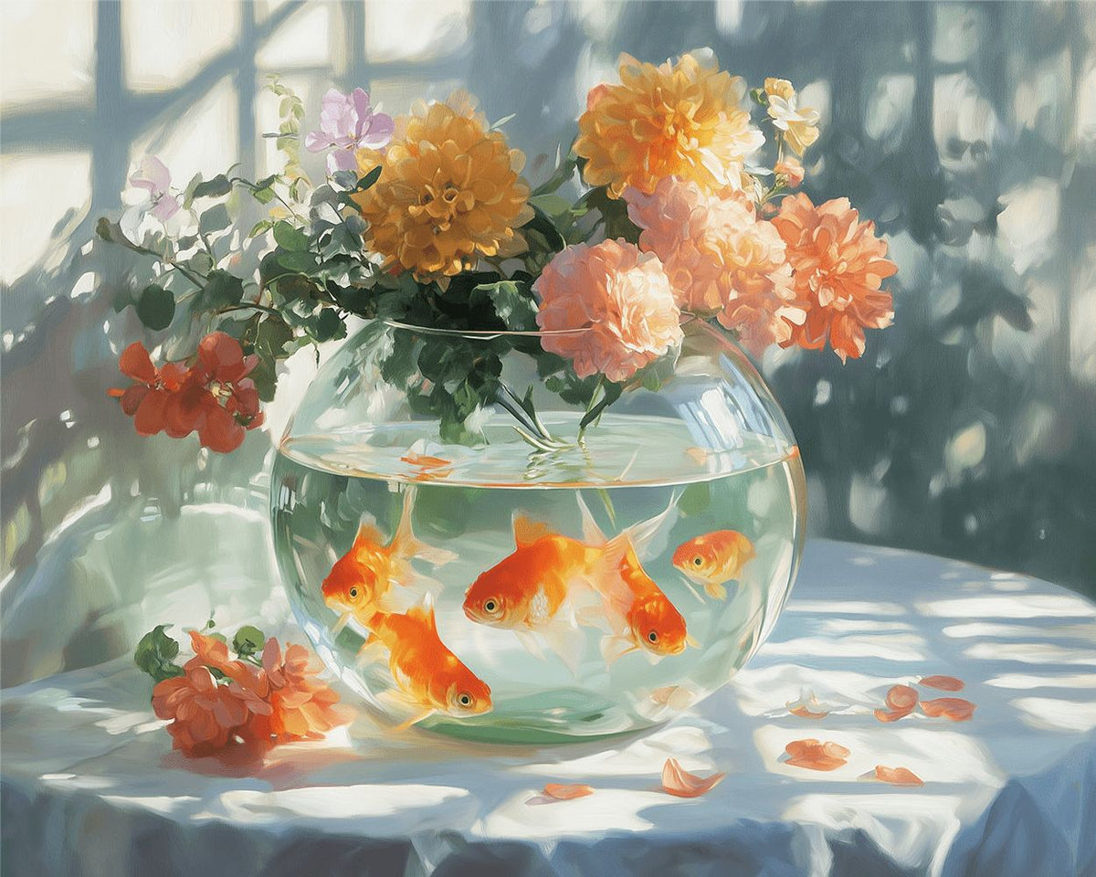 Goldfish bowl with fresh blooms cross stitch kit for beginners