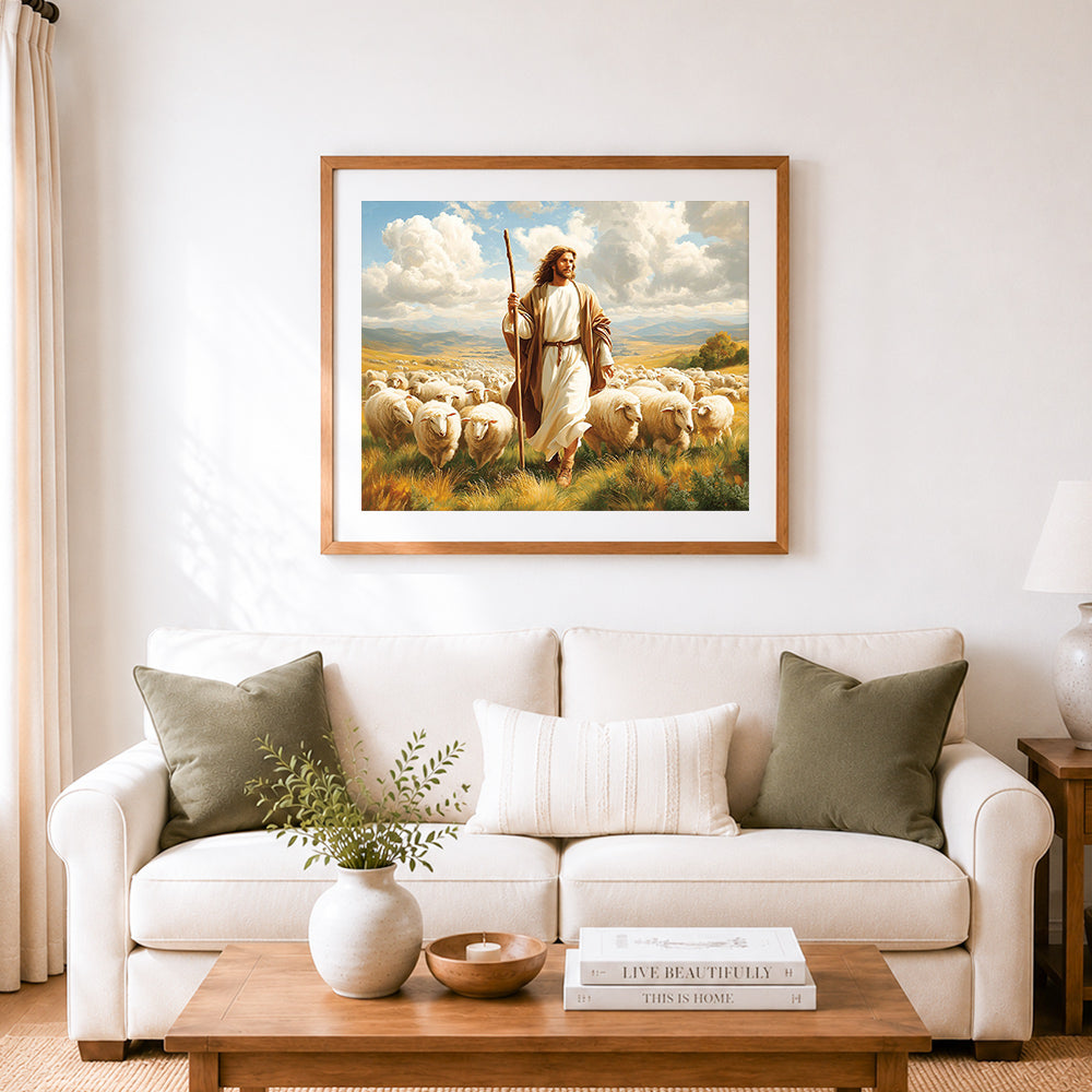 Finished good shepherd among flocks cross stitch artwork displayed as home decor