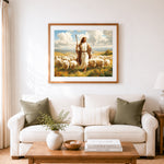 Finished good shepherd among flocks cross stitch artwork displayed as home decor