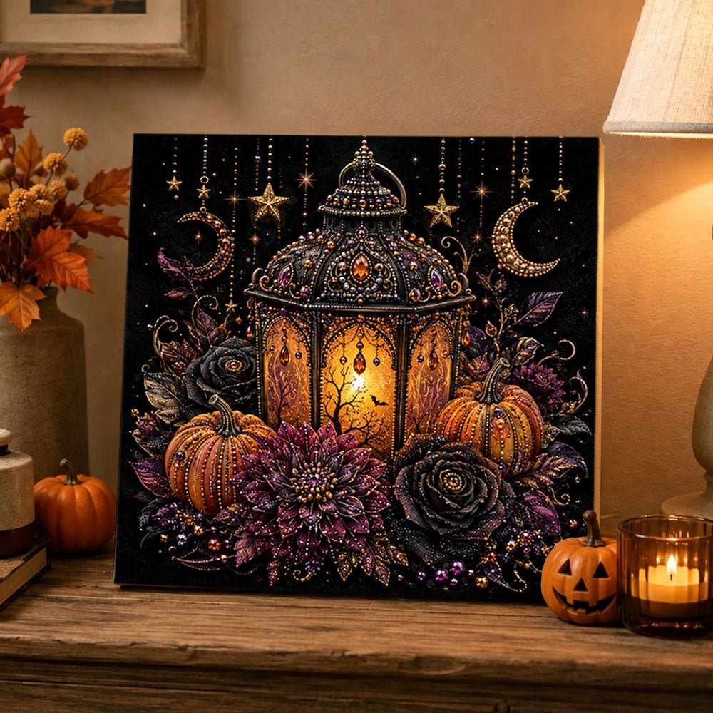 Finished gothic halloween lantern pearl diamond painting artwork displayed as holiday home decor