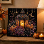 Finished gothic halloween lantern pearl diamond painting artwork displayed as holiday home decor