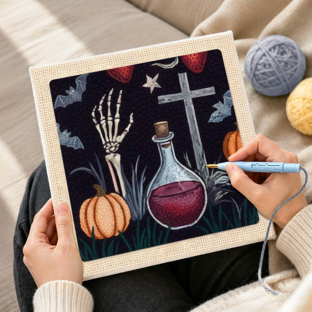 Creating handmade gothic halloween potion scene punch needle artwork