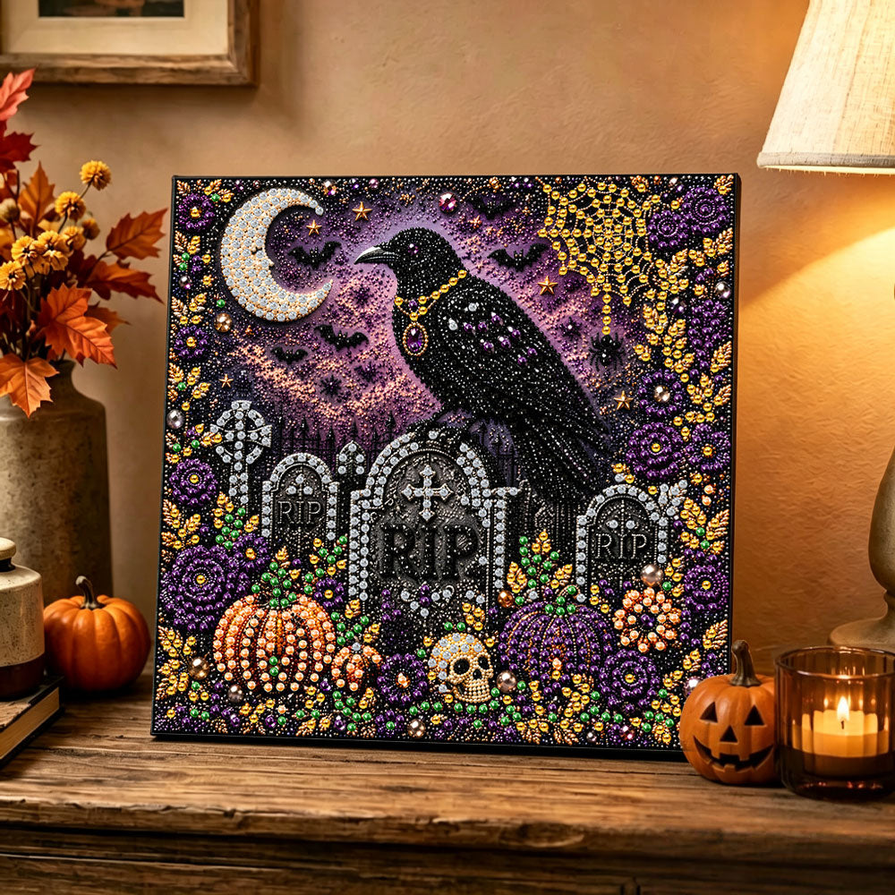 Finished gothic raven on tombstones pearl diamond painting artwork displayed as holiday home decor