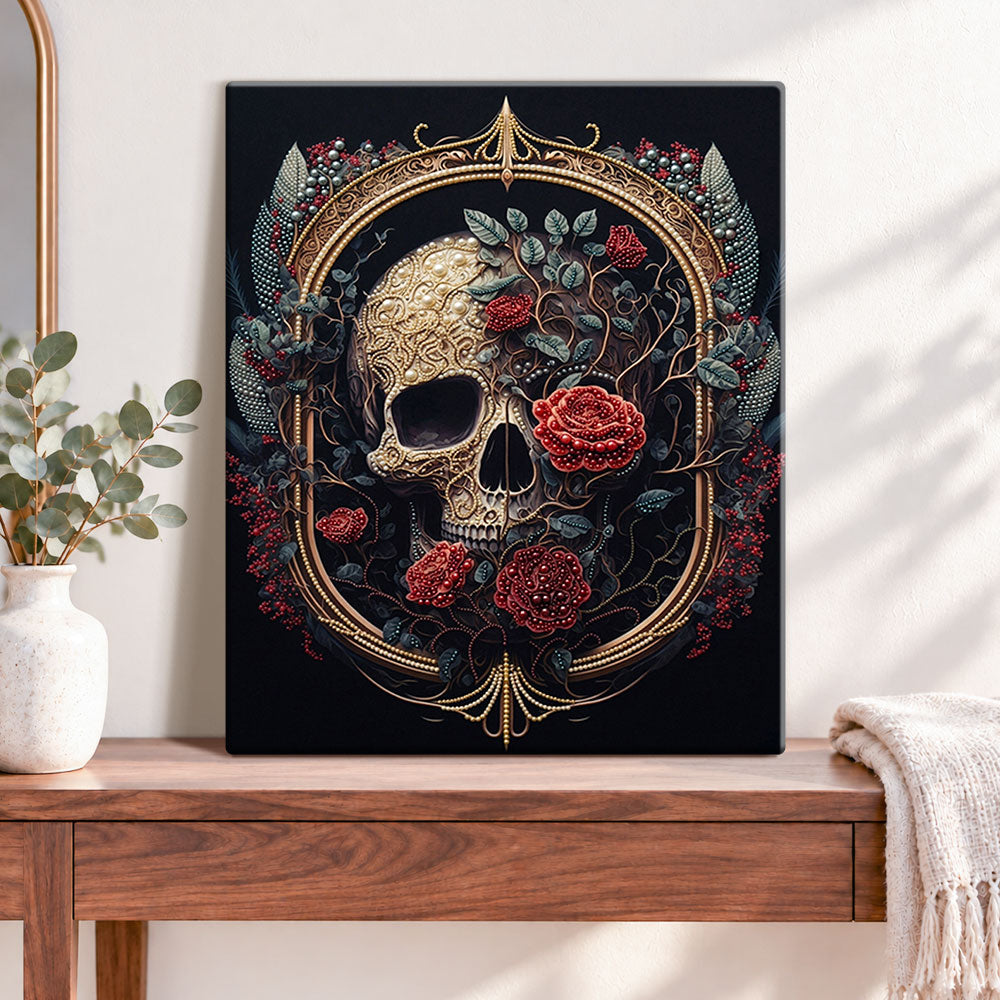 Finished gothic rose skull pearl diamond painting artwork displayed as home decor