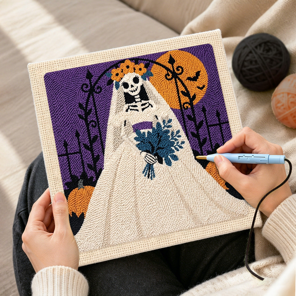 Creating handmade gothic skeleton bride punch needle artwork