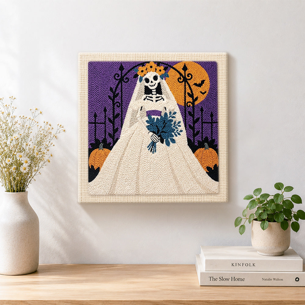Finished gothic skeleton bride artwork displayed on a wall