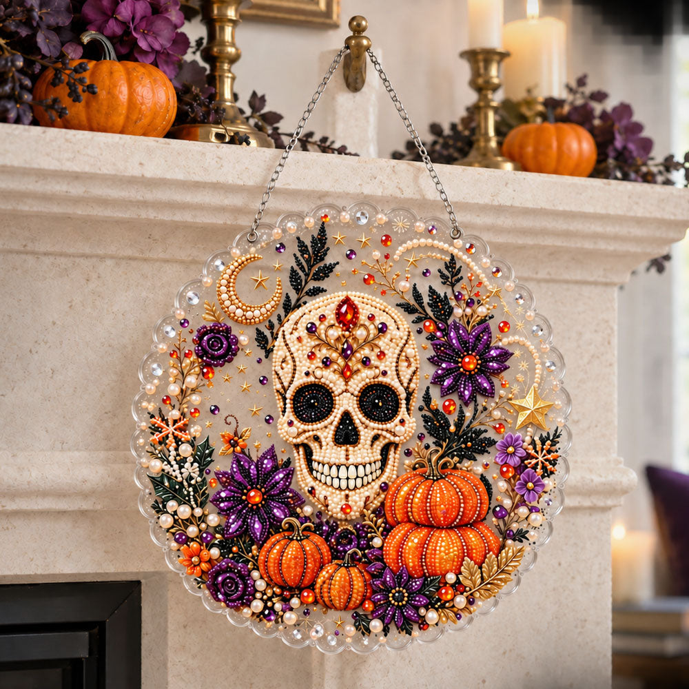 Finished gothic skull floral halloween wreath pearl diamond painting artwork displayed as holiday home decor