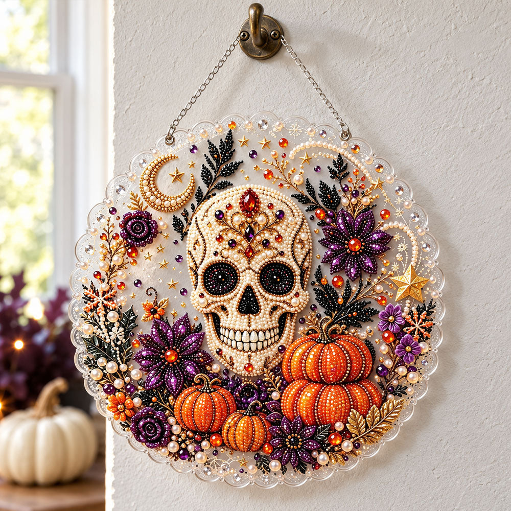 Gothic skull floral halloween wreath pearl diamond painting kit for beginners