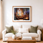 Finished gothic stained glass library with wisteria cross stitch artwork displayed as home decor