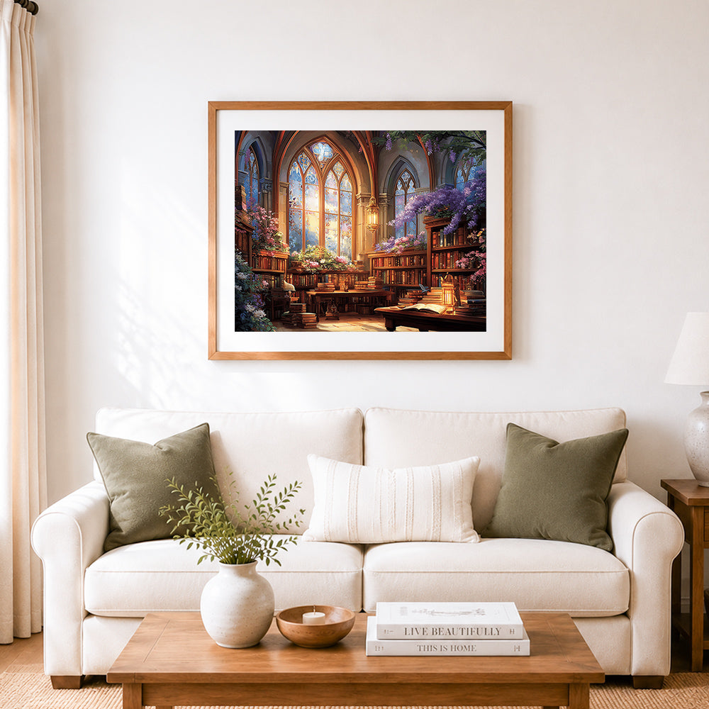 Finished gothic stained glass library with wisteria cross stitch artwork displayed as home decor