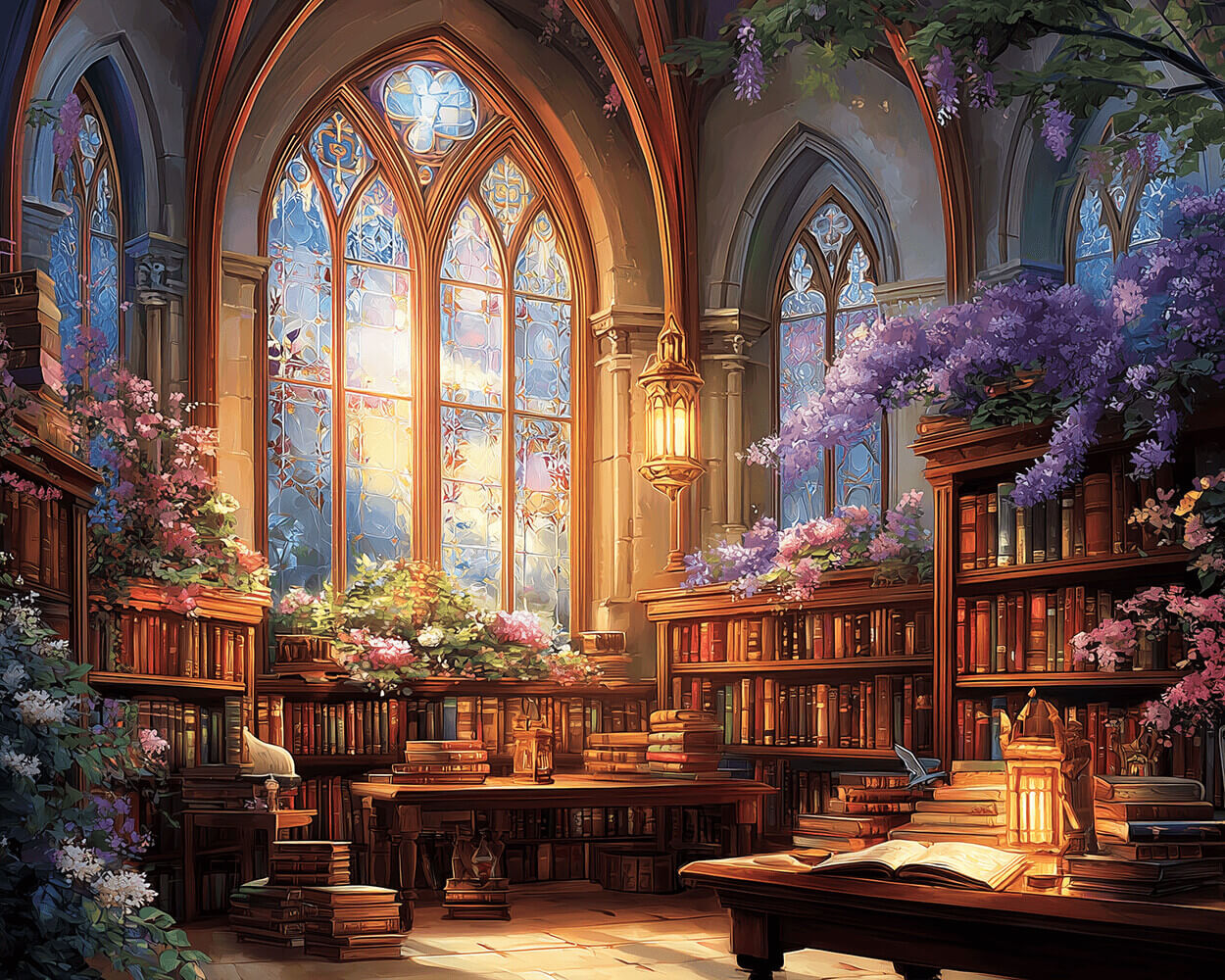 Gothic stained glass library with wisteria cross stitch kit for beginners