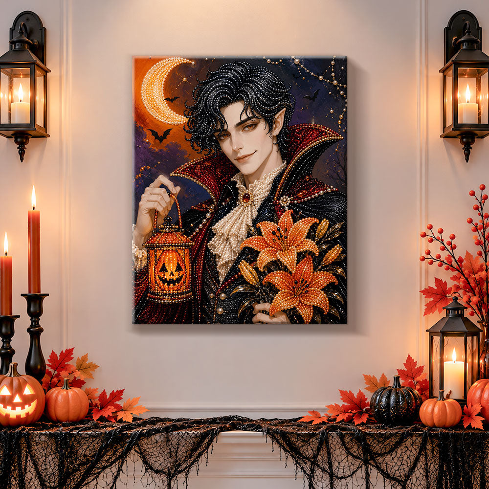 Finished gothic vampire gentleman pearl diamond painting artwork displayed as holiday home decor