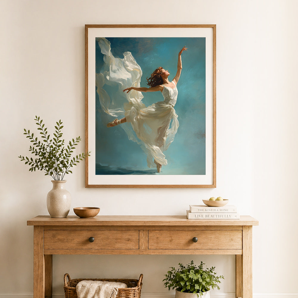 Finished graceful dancing ballerina cross stitch artwork displayed as home decor