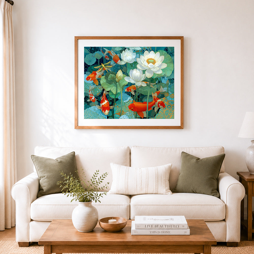 Finished graceful koi fish and white lotus cross stitch artwork displayed as home decor