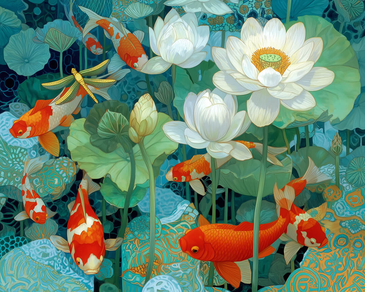 Graceful koi fish and white lotus cross stitch kit for beginners