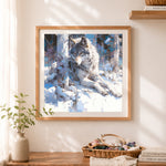 Finished graceful wolf in snowy birch forest cross stitch artwork displayed as home decor