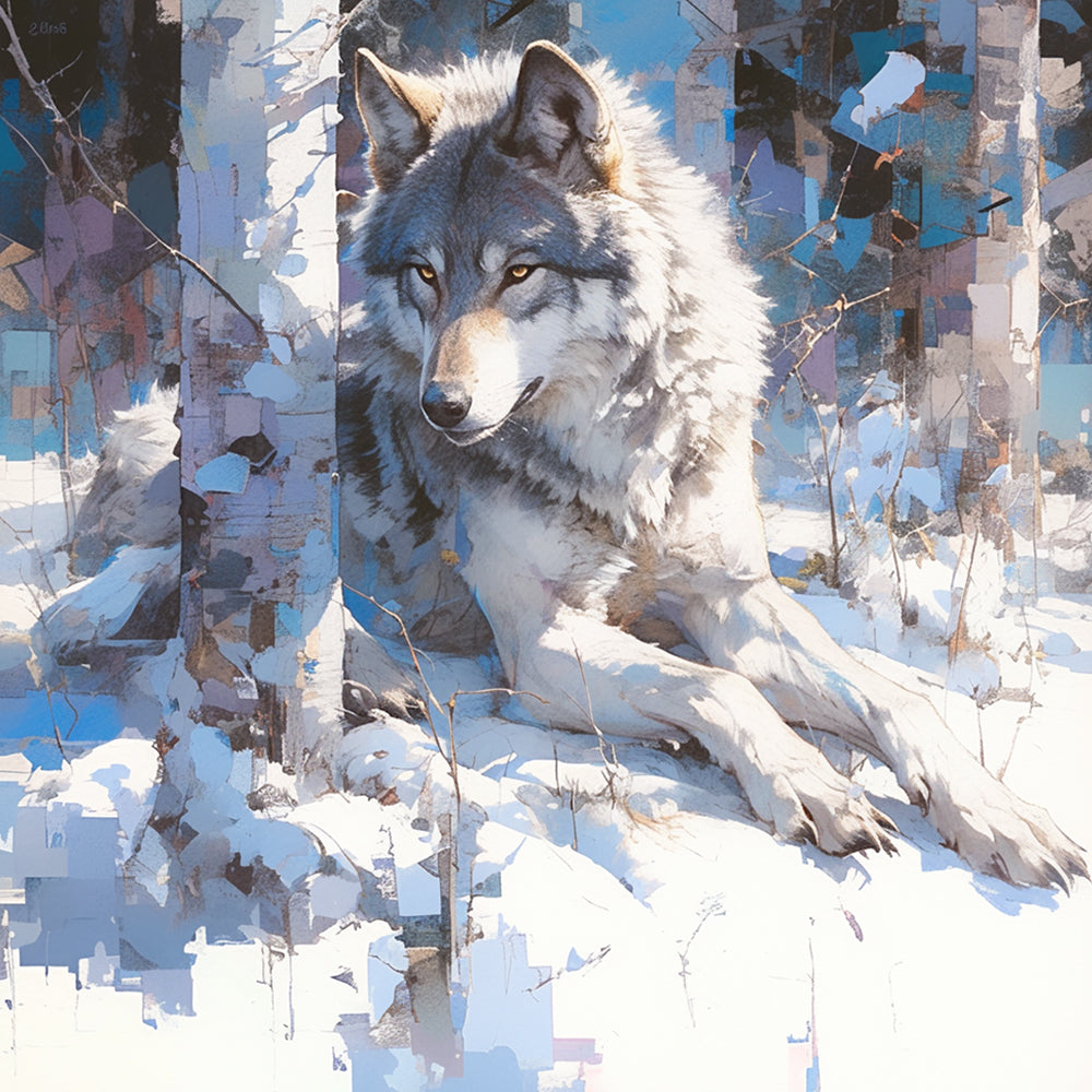 Graceful wolf in snowy birch forest cross stitch kit for beginners
