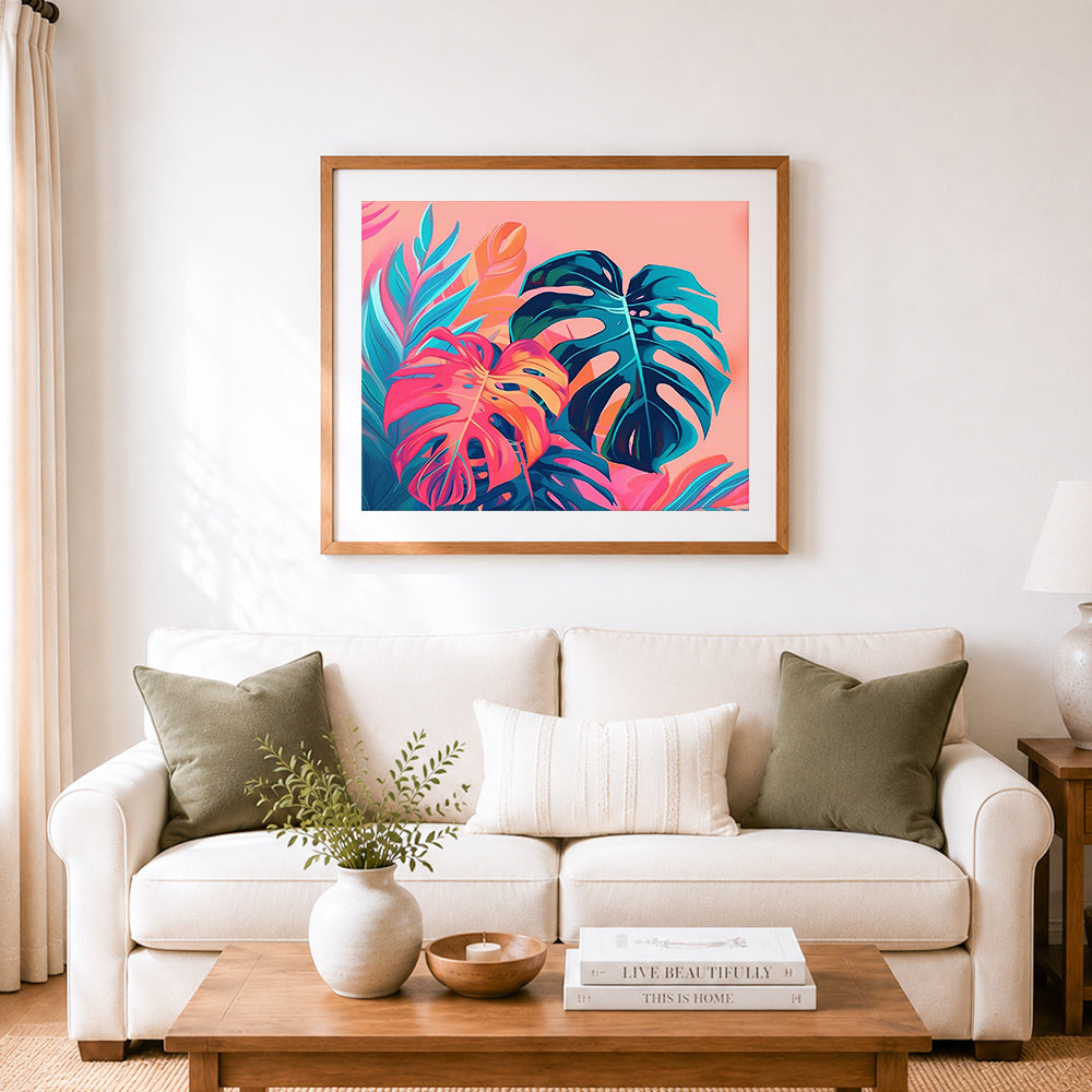 Finished gradient bright tropical foliage cross stitch artwork displayed as home decor