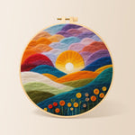 Gradient clouds, bright yellow sunset and colorful hills needle felting kit for beginners with a round wooden frame