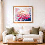 Finished gradient pink chrysanthemum cross stitch artwork displayed as home decor