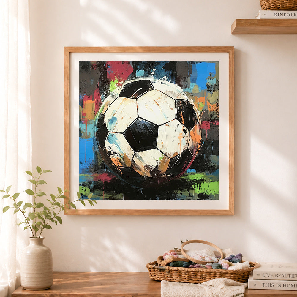 Finished graffiti soccer ball cross stitch artwork displayed as home decor