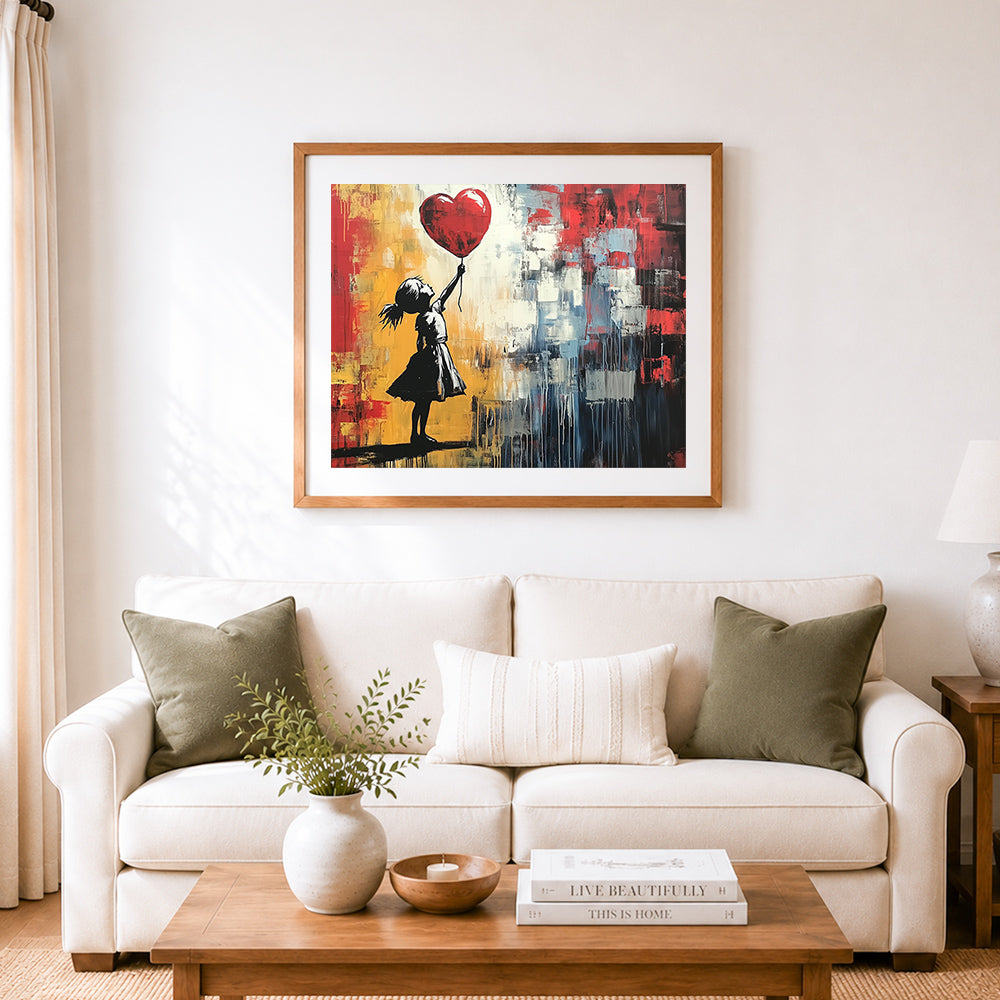 Finished graffiti-style girl holding a red heart balloon cross stitch artwork displayed as home decor