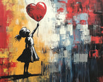 Graffiti-style girl holding a red heart balloon cross stitch kit for beginners