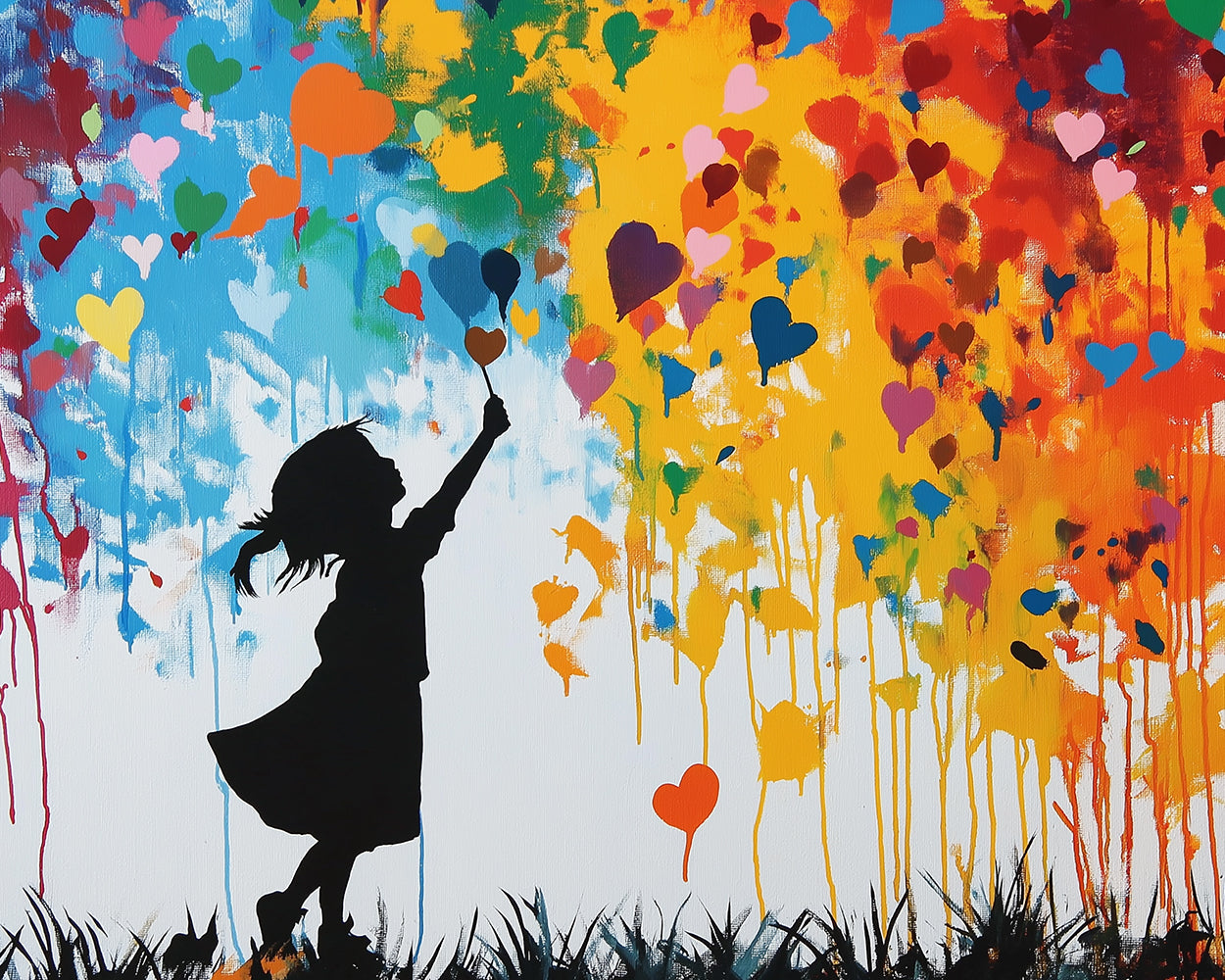 Graffiti-style girl with colorful heart balloons cross stitch kit for beginners