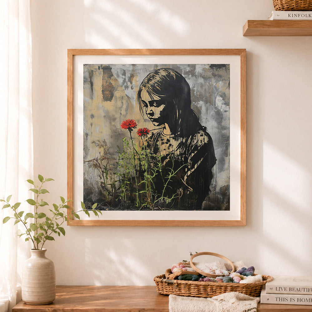 Finished graffiti-style girl with red flowers cross stitch artwork displayed as home decor