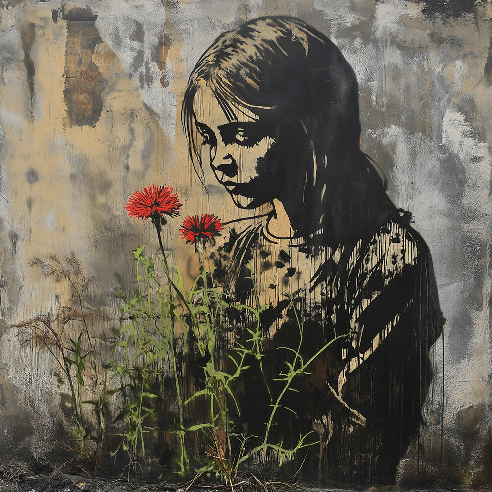 Graffiti-style girl with red flowers cross stitch kit for beginners