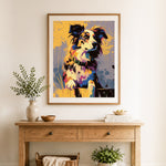 Finished graffiti style puppy painting cross stitch artwork displayed as home decor