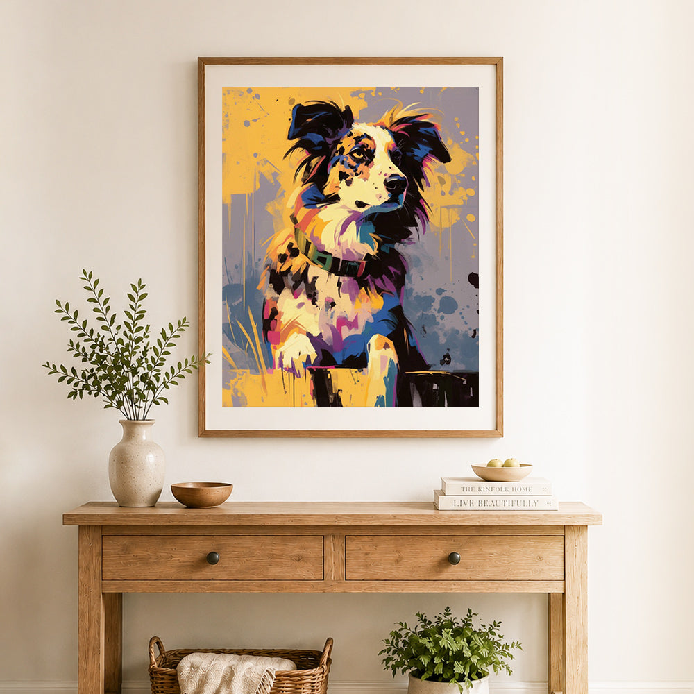 Finished graffiti style puppy painting cross stitch artwork displayed as home decor