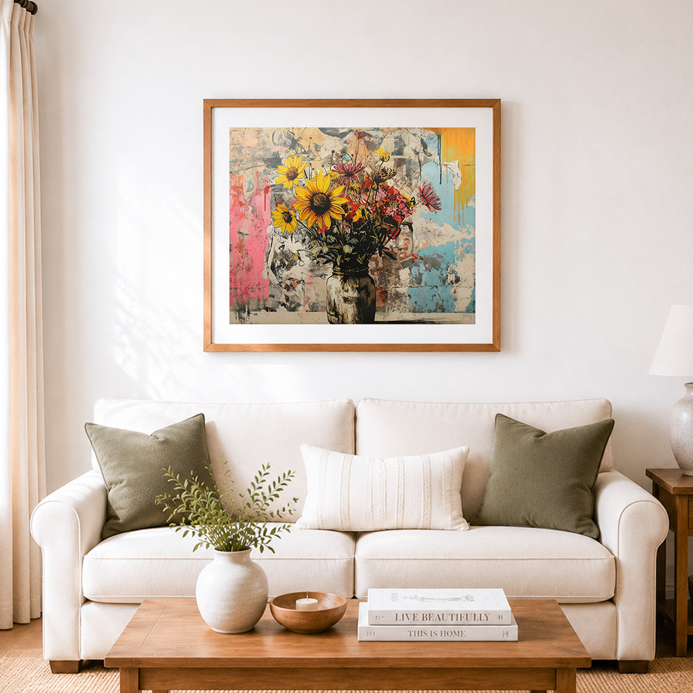 Finished graffiti-style sunflower bouquet cross stitch artwork displayed as home decor