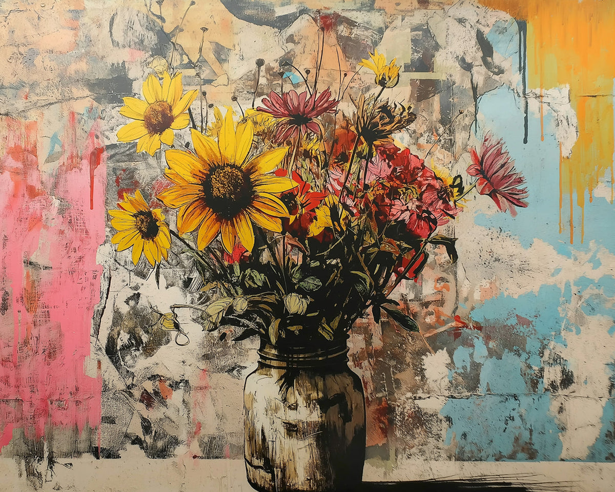 Graffiti-style sunflower bouquet cross stitch kit for beginners