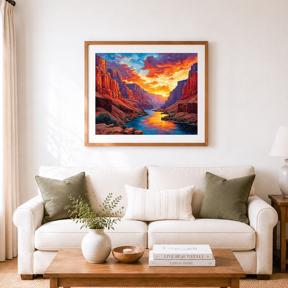 Finished grand canyon sunset landscape cross stitch artwork displayed as home decor