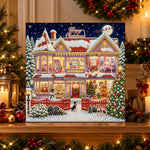 Finished grand christmas mansion pearl diamond painting artwork displayed as holiday home decor