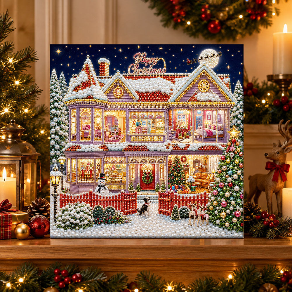 Finished grand christmas mansion pearl diamond painting artwork displayed as holiday home decor
