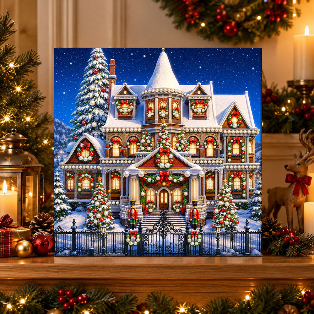 Finished grand victorian christmas mansion pearl diamond painting artwork displayed as holiday home decor