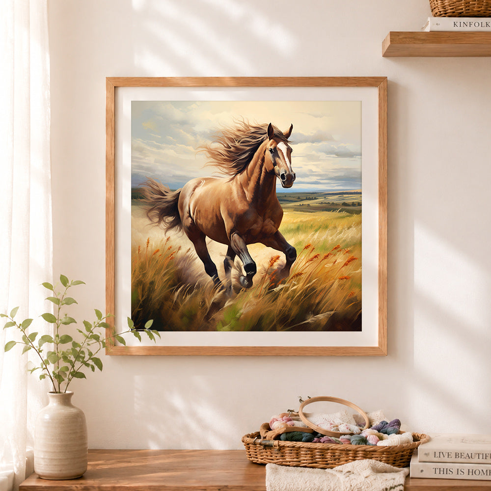 Finished grassland brown horse cross stitch artwork displayed as home decor