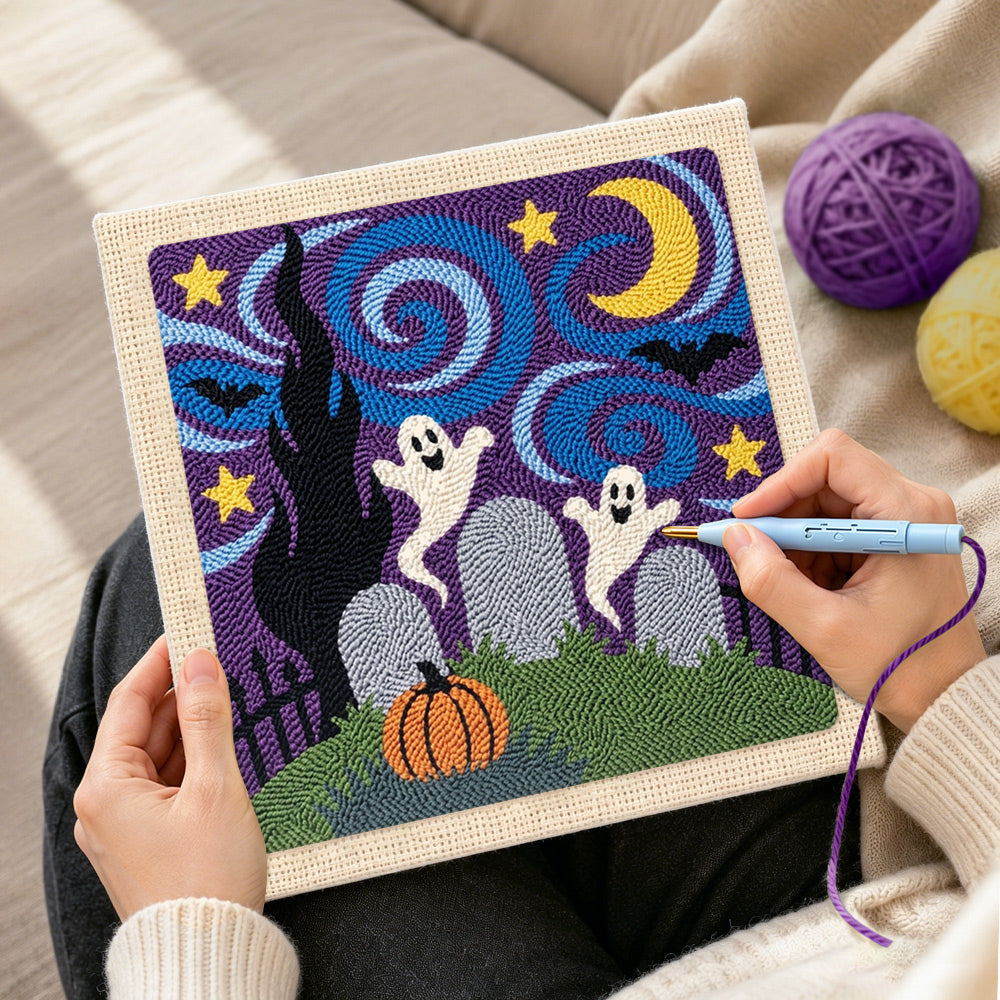 Creating handmade graveyard ghosts night scene punch needle artwork