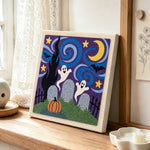Graveyard ghosts night scene punch needle artwork displayed on a table