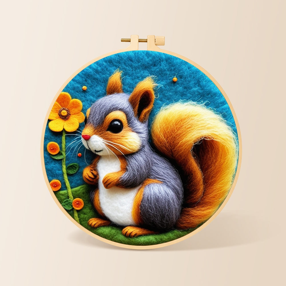 Gray and orange squirrel with golden tail needle felting kit for beginners with a round wooden frame