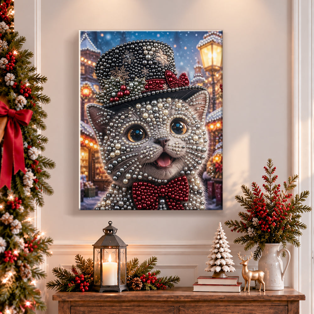 Finished gray kitten in festive top hat pearl diamond painting artwork displayed as holiday home decor