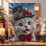 Gray kitten in festive top hat pearl diamond painting kit for beginners