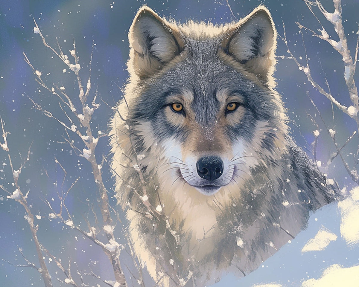 Gray wolf portrait in winter snow cross stitch kit for beginners