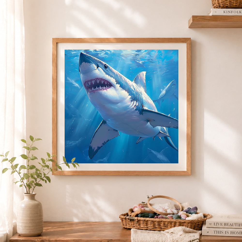 Finished great white shark in deep blue ocean cross stitch artwork displayed as home decor