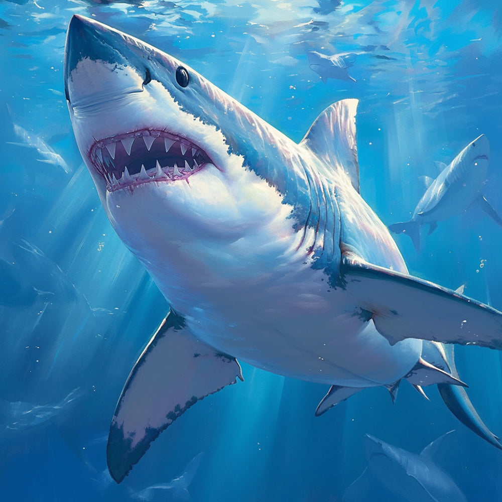 Great white shark in deep blue ocean cross stitch kit for beginners