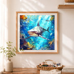 Finished great white shark underwater view cross stitch artwork displayed as home decor