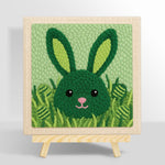 Green bunny hiding in grass punch needle kit for beginners
